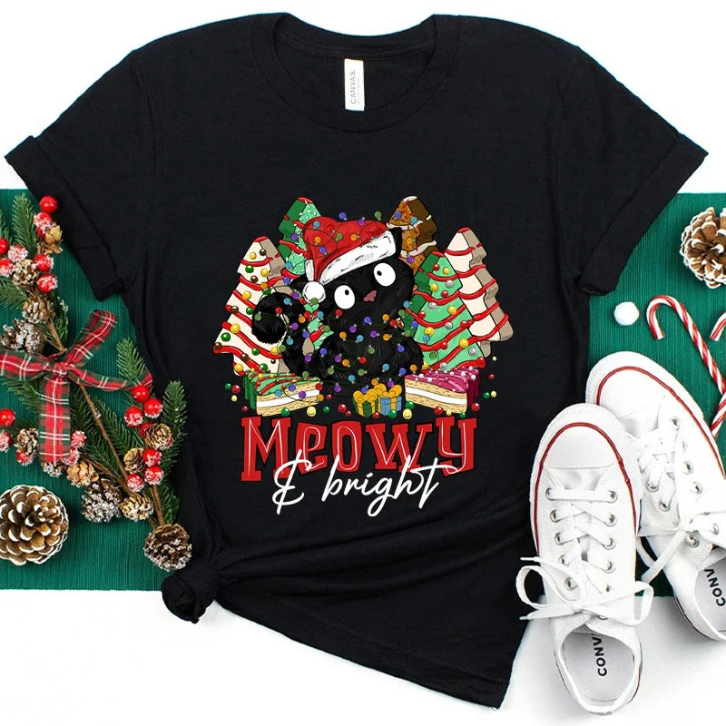 MEOWY CHRISTMAS T-SHIRT – FUNNY CAT TEE FOR WOMEN’S HOLIDAY STYLE!