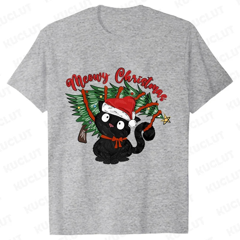 MEOWY CHRISTMAS T-SHIRT – FUNNY CAT TEE FOR WOMEN’S HOLIDAY STYLE!