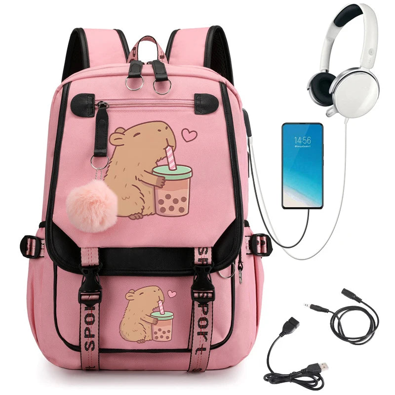 KAWAII CAPYBARA SCHOOL BACKPACK – USB CHARGING, CUTE &amp; FUNCTIONAL FOR TEENS!