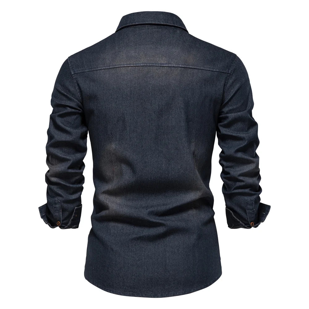 ELASTIC COTTON DENIM SHIRT – SLIM FIT LONG SLEEVE CASUAL STYLE FOR MEN!