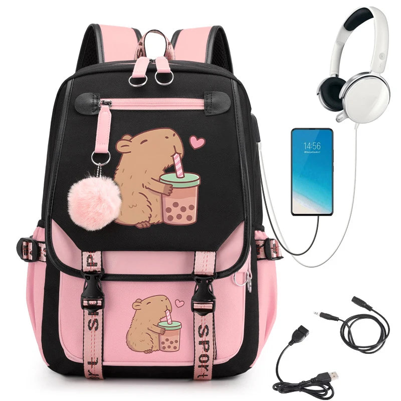 KAWAII CAPYBARA SCHOOL BACKPACK – USB CHARGING, CUTE &amp; FUNCTIONAL FOR TEENS!