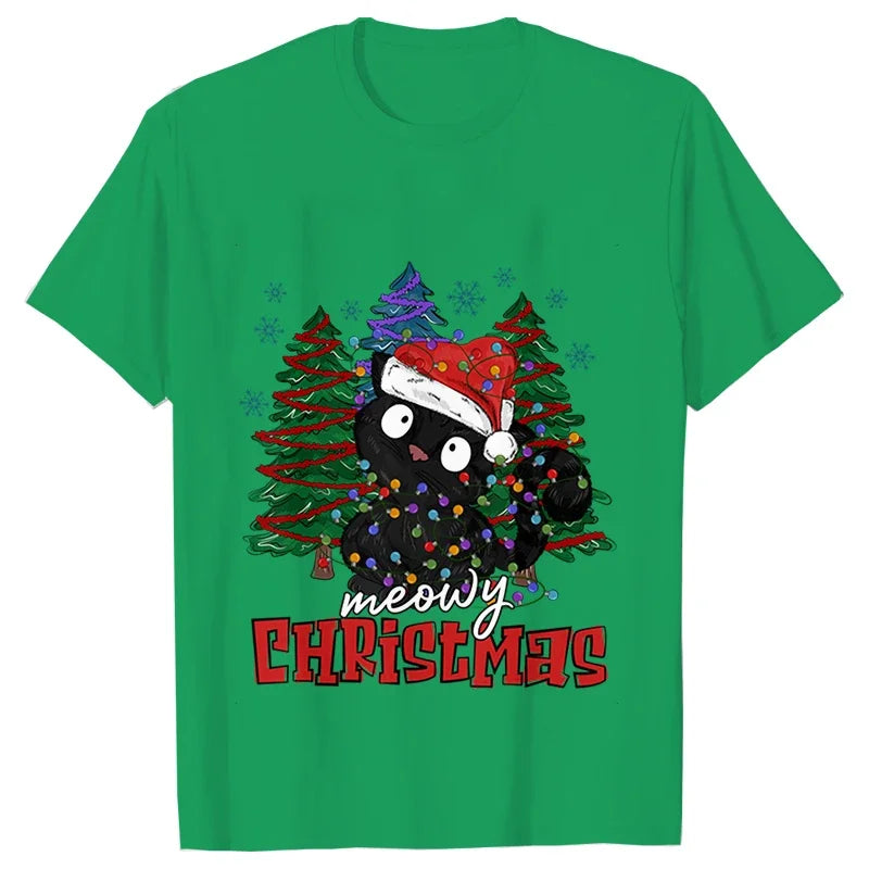 MEOWY CHRISTMAS T-SHIRT – FUNNY CAT TEE FOR WOMEN’S HOLIDAY STYLE!