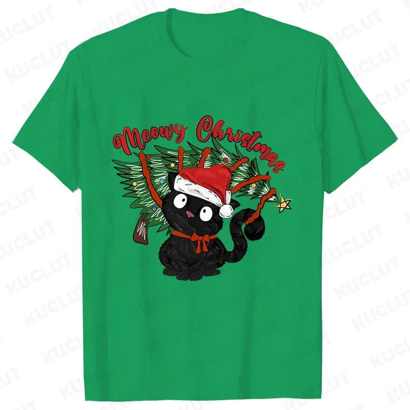 MEOWY CHRISTMAS T-SHIRT – FUNNY CAT TEE FOR WOMEN’S HOLIDAY STYLE!