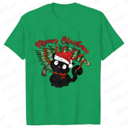 MEOWY CHRISTMAS T-SHIRT – FUNNY CAT TEE FOR WOMEN’S HOLIDAY STYLE!