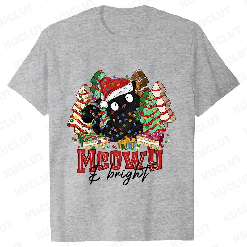 MEOWY CHRISTMAS T-SHIRT – FUNNY CAT TEE FOR WOMEN’S HOLIDAY STYLE!