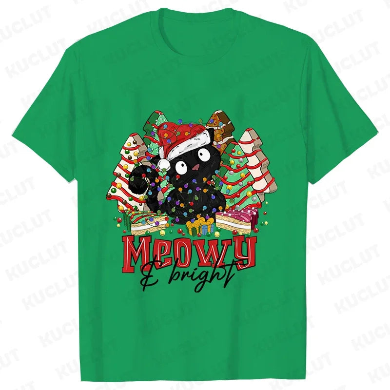 MEOWY CHRISTMAS T-SHIRT – FUNNY CAT TEE FOR WOMEN’S HOLIDAY STYLE!