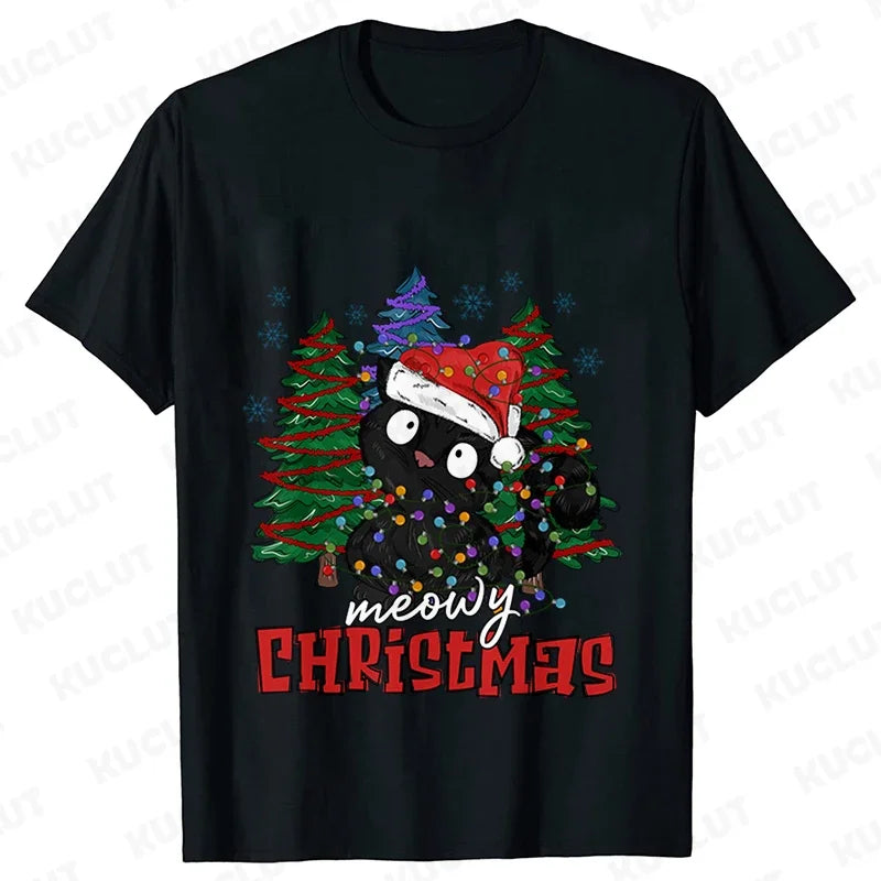 MEOWY CHRISTMAS T-SHIRT – FUNNY CAT TEE FOR WOMEN’S HOLIDAY STYLE!