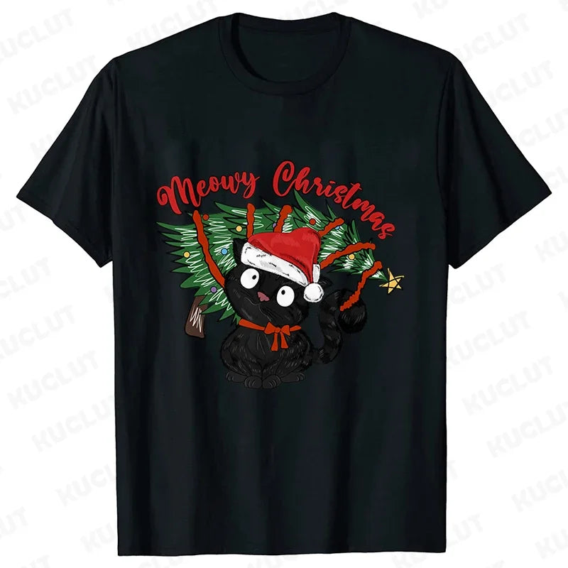 MEOWY CHRISTMAS T-SHIRT – FUNNY CAT TEE FOR WOMEN’S HOLIDAY STYLE!