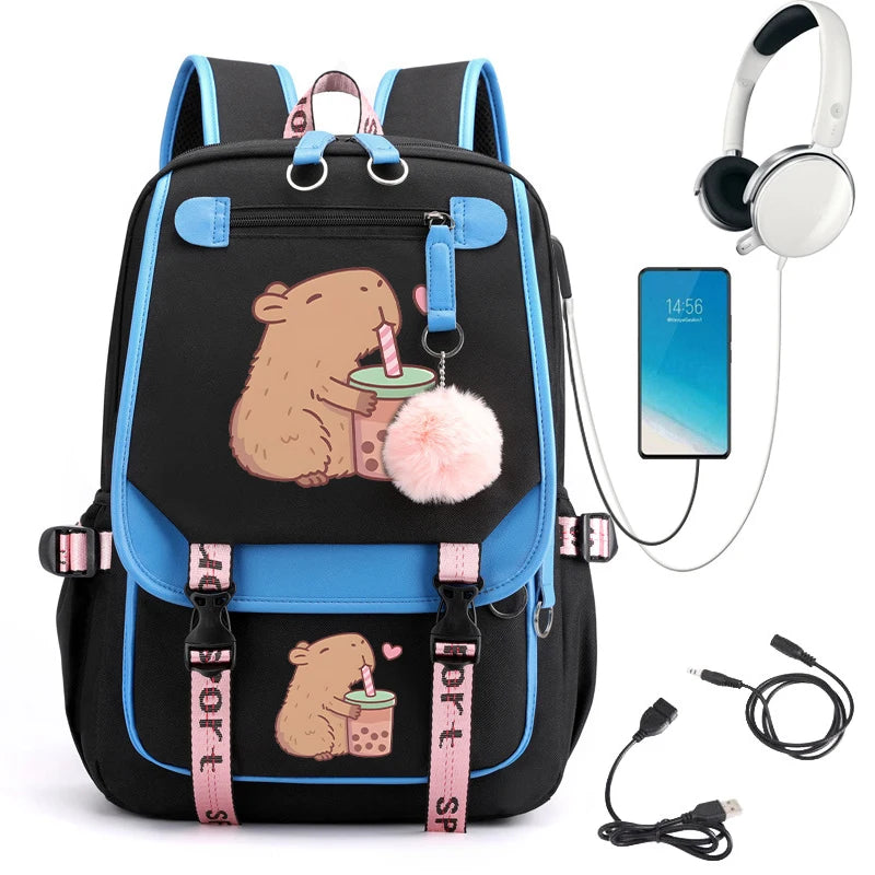 KAWAII CAPYBARA SCHOOL BACKPACK – USB CHARGING, CUTE &amp; FUNCTIONAL FOR TEENS!