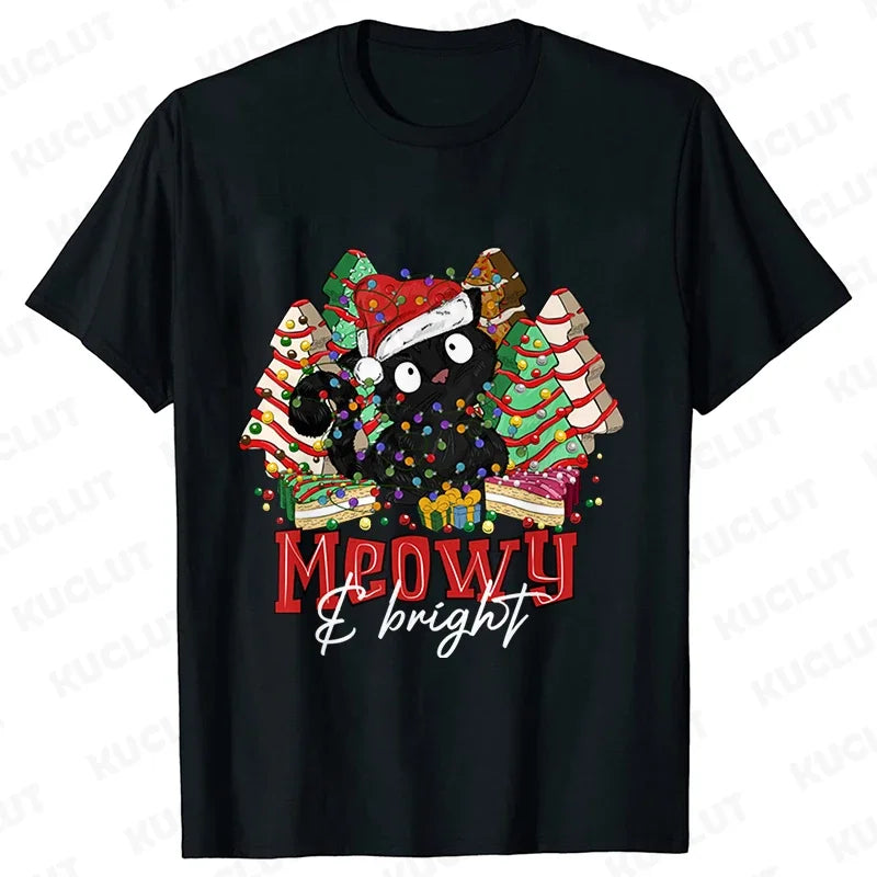 MEOWY CHRISTMAS T-SHIRT – FUNNY CAT TEE FOR WOMEN’S HOLIDAY STYLE!