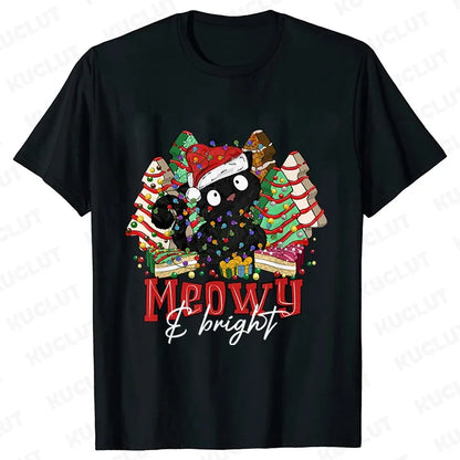 MEOWY CHRISTMAS T-SHIRT – FUNNY CAT TEE FOR WOMEN’S HOLIDAY STYLE!