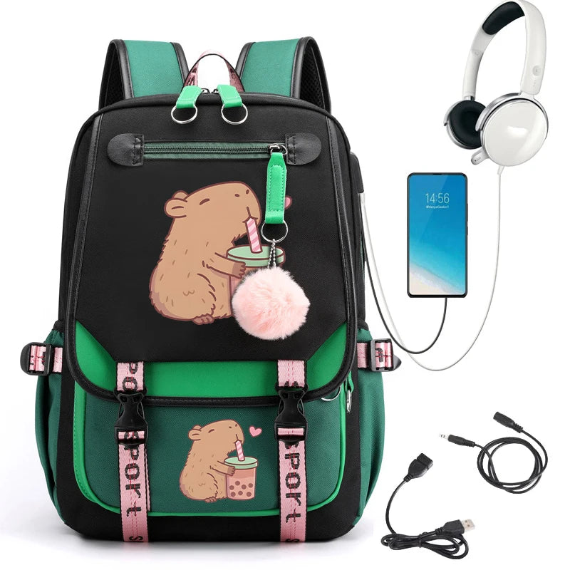 KAWAII CAPYBARA SCHOOL BACKPACK – USB CHARGING, CUTE &amp; FUNCTIONAL FOR TEENS!