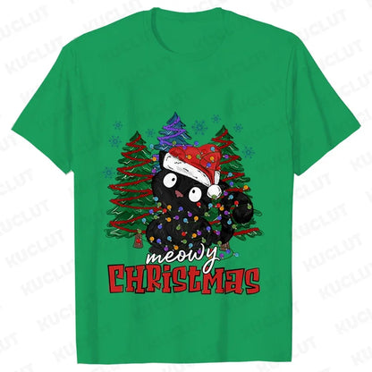 MEOWY CHRISTMAS T-SHIRT – FUNNY CAT TEE FOR WOMEN’S HOLIDAY STYLE!