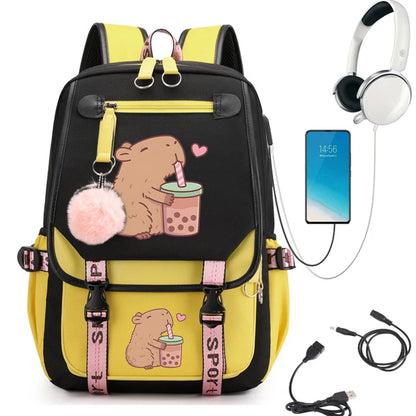 KAWAII CAPYBARA SCHOOL BACKPACK – USB CHARGING, CUTE &amp; FUNCTIONAL FOR TEENS!